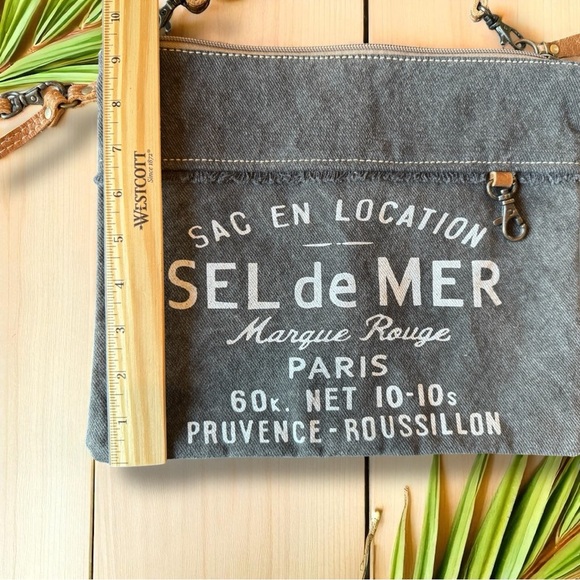 Myra Bag Gray Canvas & Leather Crossbody / Shoulder Bag – Sel de Mer Paris Print - Picture 6 of 10